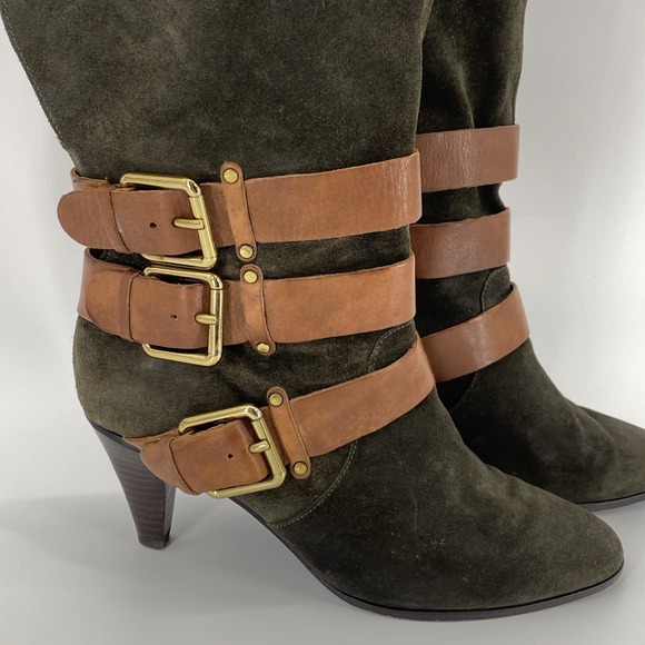 Rebecca Minkoff Dark Olive Green Suede w Buckle Bliss Boots Size 7.5M - Picture 2 of 11